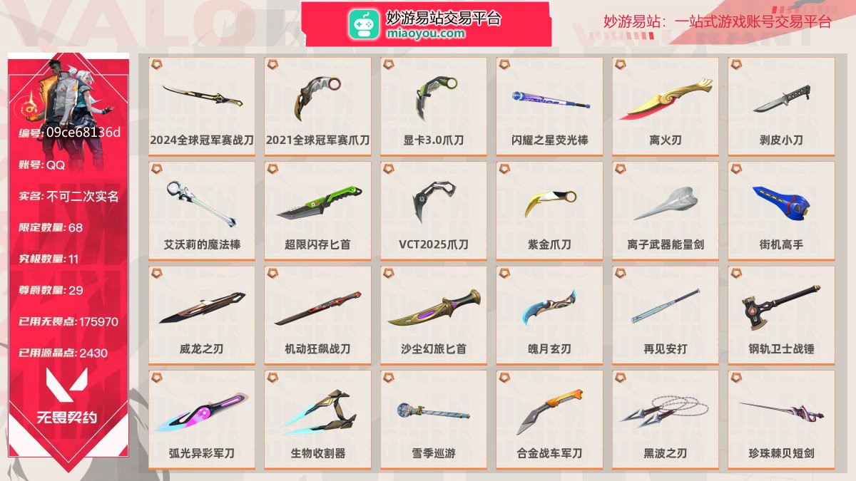 等级509 段位超凡I 刀皮数量30 枪皮数量210 限定68 究极11 尊爵29 已用无畏点数175970 已用源晶点数2430,VCT2025爪刀,离火刃,艾沃莉的魔法棒,2021全球冠军赛爪刀,,生物收割器弧光异彩军刀,黑波之刃,再见安打,魄月玄刃