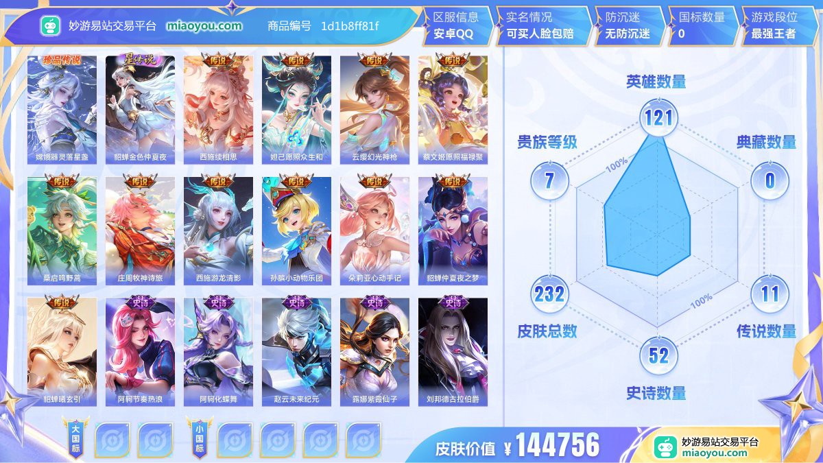 珍品传说1 星元1 传说11 史诗52 限定62 英雄121 皮肤232  稀有英雄8 贵族7级 皮肤价值:144756  
【珍品传说1】 嫦娥器灵落星盏
【星元皮肤1】 貂蝉金色仲夏夜
【传说皮肤11】 西施续相思 妲己愿照众生和 云缨幻光神枪 蔡文姬愿照福禄聚 桑启鸣野蒿 庄周牧神诗旅 西施游龙清影 孙膑小动物乐团 朵莉亚心动手记 貂蝉仲夏夜之梦 貂蝉曦玄引
【史诗皮肤52】 阿轲节奏热浪 阿轲化蝶舞 赵云未来纪元 露娜紫霞仙子 刘邦德古拉伯爵 孙策猫狗日记 白起苍鳞隐世 孙膑茶境