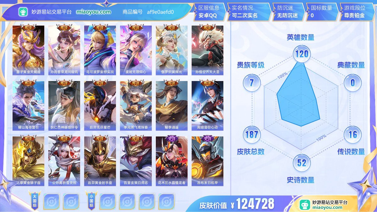 传说16 史诗52 限定67 英雄120 皮肤187  稀有英雄9 贵族7级 皮肤价值:124728  
【传说皮肤16】 墨子黄金天蝎座 孙尚香乘龙问璇玑 马可波罗妄想实况 虞姬无限倾心 伽罗炽翼辉光 孙悟空齐天大圣 曜山海苍雷引 狄仁杰神器狴犴令 后羿无尽星芒 李元芳飞鸢探春 曜李逍遥 周瑜音你心动 达摩黄金狮子座 公孙离祈雪灵祝 后羿黄金射手座 百里玄策白虎志
【史诗皮肤52】 花木兰水晶猎龙者 吕布末日机甲 蒙恬荣光圣徽 周瑜雪夜绮愿 貂蝉圣诞恋歌 嬴政摇滚巨星 甄姬冰雪圆舞曲 蒙犽