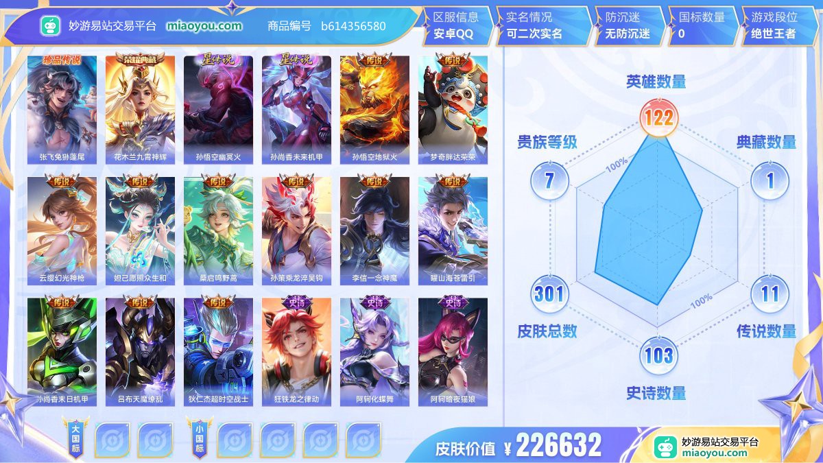 珍品传说1 典藏1 星元2 传说11 史诗103 限定116 英雄122 皮肤301  稀有英雄8 贵族7级 皮肤价值:226632  
【珍品传说1】 张飞兔狲蓬尾
【荣耀典藏1】 花木兰九霄神辉
【星元皮肤2】 孙悟空幽冥火 孙尚香未来机甲
【传说皮肤11】 孙悟空地狱火 梦奇胖达荣荣 云缨幻光神枪 妲己愿照众生和 桑启鸣野蒿 孙策乘龙淬吴钩 李信一念神魔 曜山海苍雷引 孙尚香末日机甲 吕布天魔缭乱 狄仁杰超时空战士
【史诗皮肤103】 狂铁龙之律动 阿轲化蝶舞 阿轲暗夜猫娘 钟馗