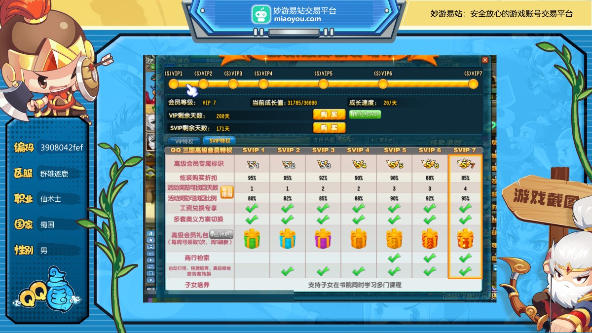 神行之卷，回城符，一枝玫瑰花，羽翎，神游丸，酒肉无忌卷，初级铸炼术，性别：男，职业：仙术士，国家：蜀国，武力：0，智力：15，韧性：19，活力：5488W，抗性等级：0 40 40 40，会员：VIP7，详情看图【群雄逐鹿】【自主截图】