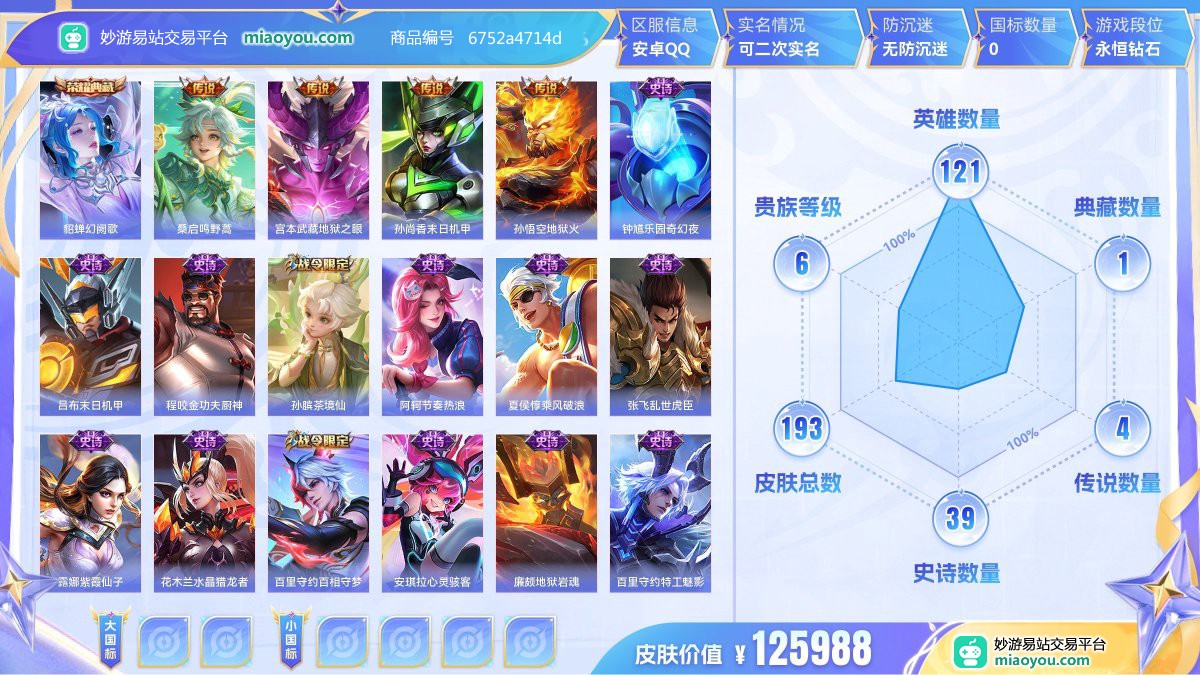 典藏1 传说4 史诗39 限定59 英雄121 皮肤193  稀有英雄8 贵族6级 皮肤价值:125988  
【荣耀典藏1】 貂蝉幻阙歌
【传说皮肤4】 桑启鸣野蒿 宫本武藏地狱之眼 孙尚香末日机甲 孙悟空地狱火
【史诗皮肤39】 钟馗乐园奇幻夜 吕布末日机甲 程咬金功夫厨神 孙膑茶境仙 阿轲节奏热浪 夏侯惇乘风破浪 张飞乱世虎臣 露娜紫霞仙子 花木兰水晶猎龙者 百里守约百相守梦 安琪拉心灵骇客 廉颇地狱岩魂 百里守约特工魅影 亚连破空之剑 蔡文姬舞动绿茵 墨子金属风暴 蔡文姬夏日便利店