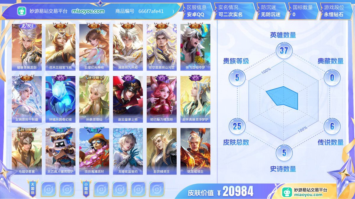 无双1 传说6 史诗5 限定11 英雄37 皮肤25  稀有英雄1 贵族5级 皮肤价值:20984  
【无双皮肤1】 曜器灵螭龙剑
【传说皮肤6】 花木兰冠军飞将 云缨幻光神枪 澜愿照九州拓 司空震愿照山河定 张飞百相守梦 女娲愿照千秋盛
【史诗皮肤5】 钟馗乐园奇幻夜 孙膑茶境仙 赵云皇家上将 妲己魅力维加斯 赵怀真器灵浮梦炉
【年限皮肤3】 澜愿照九州拓 司空震愿照山河定 女娲愿照千秋盛
【限定皮肤11】 曜器灵螭龙剑 孙膑茶境仙 马超访茗客 赵云皇家上将 澜愿照九州拓 太乙真人