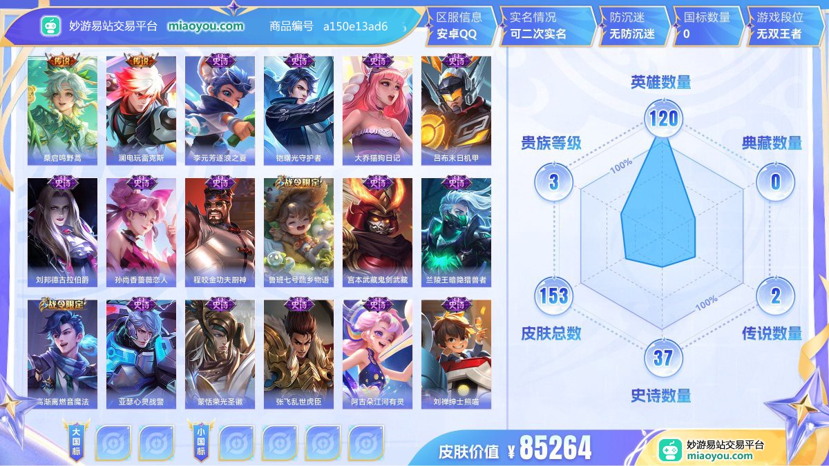 传说2 史诗37 限定47 英雄120 皮肤153  稀有英雄8 贵族3级 皮肤价值:85264  
【传说皮肤2】 桑启鸣野蒿 澜电玩雷克斯
【史诗皮肤37】 李元芳逐浪之夏 铠曙光守护者 大乔猫狗日记 吕布末日机甲 刘邦德古拉伯爵 孙尚香蔷薇恋人 程咬金功夫厨神 鲁班七号蔬乡物语 宫本武藏鬼剑武藏 兰陵王暗隐猎兽者 高渐离燃音魔法 亚瑟心灵战警 蒙恬荣光圣徽 张飞乱世虎臣 阿古朵江河有灵 刘禅绅士熊喵 刘禅电玩爆裂旋风 王昭君偶像歌手 梦奇顽趣 暃星界游侠 马可波罗山海玄木吟 阿轲节奏热