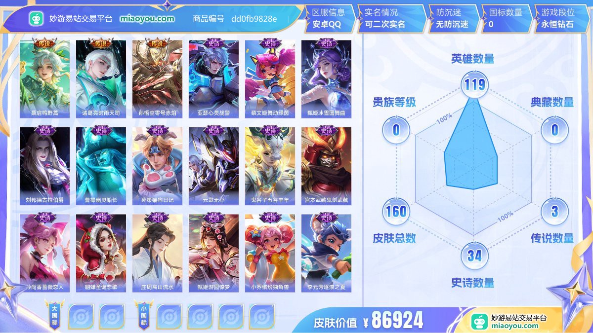传说3 史诗34 限定52 英雄119 皮肤160  稀有英雄7 贵族0级 皮肤价值:86924  
【传说皮肤3】 桑启鸣野蒿 诸葛亮时雨天司 孙悟空零号赤焰
【史诗皮肤34】 亚瑟心灵战警 蔡文姬舞动绿茵 甄姬冰雪圆舞曲 刘邦德古拉伯爵 曹操幽灵船长 孙策猫狗日记 元歌无心 鬼谷子五谷丰年 宫本武藏鬼剑武藏 孙尚香蔷薇恋人 貂蝉圣诞恋歌 庄周高山流水 甄姬游园惊梦 小乔缤纷独角兽 李元芳逐浪之夏 狄仁杰魔术师 云中君纤云弄巧 孙悟空大圣娶亲 裴擒虎李小龙 阿轲迷踪丽影 墨子金属风暴 诸葛