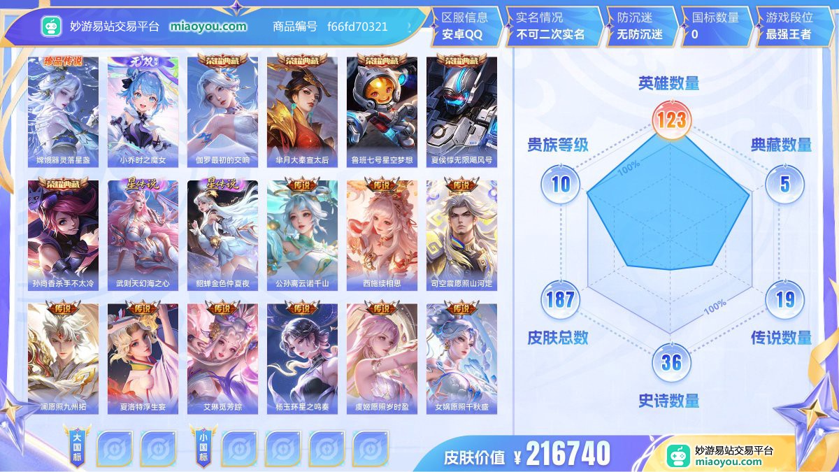 珍品传说1 无双1 典藏5 星元2 传说19 史诗36 限定55 英雄123 皮肤187  稀有英雄9 贵族10级 皮肤价值:216740  
【珍品传说1】 嫦娥器灵落星盏
【无双皮肤1】 小乔时之魔女
【荣耀典藏5】 伽罗最初的交响 芈月大秦宣太后 鲁班七号星空梦想 夏侯惇无限飓风号 孙尚香杀手不太冷
【星元皮肤2】 武则天幻海之心 貂蝉金色仲夏夜
【传说皮肤19】 公孙离云诺千山 西施续相思 司空震愿照山河定 澜愿照九州拓 夏洛特浮生妄 艾琳觅芳踪 杨玉环星之鸣奏 虞姬愿照岁时盈