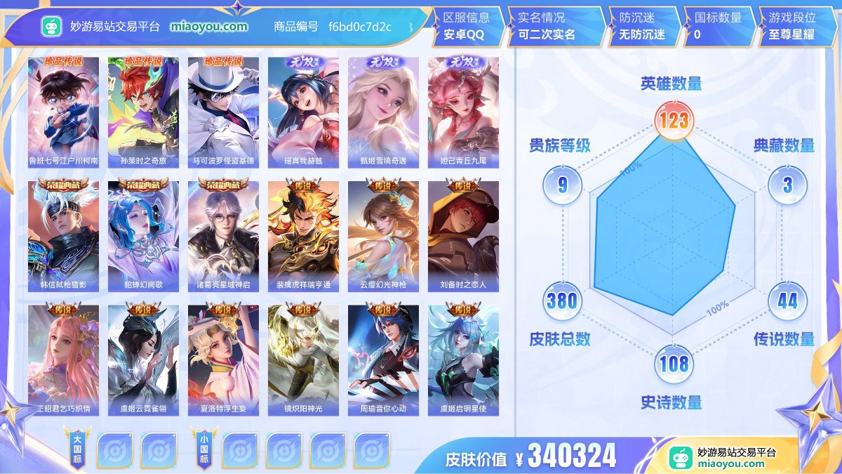 珍品传说3 无双3 典藏3 传说44 史诗108 限定108 英雄123 皮肤380  稀有英雄9 贵族9级 皮肤价值:340324  
【珍品传说3】 鲁班七号江户川柯南 孙策时之奇旅 马可波罗怪盗基德
【无双皮肤3】 瑶真我赫兹 甄姬雪境奇遇 妲己青丘九尾
【荣耀典藏3】 韩信弑枪猎影 貂蝉幻阙歌 诸葛亮星域神启
【传说皮肤44】 裴擒虎祥瑞亨通 云缨幻光神枪 刘备时之恋人 王昭君乞巧织情 虞姬云霓雀翎 夏洛特浮生妄 镜炽阳神光 周瑜音你心动 虞姬启明星使 赵云淬星耀世 李信山海炽霜