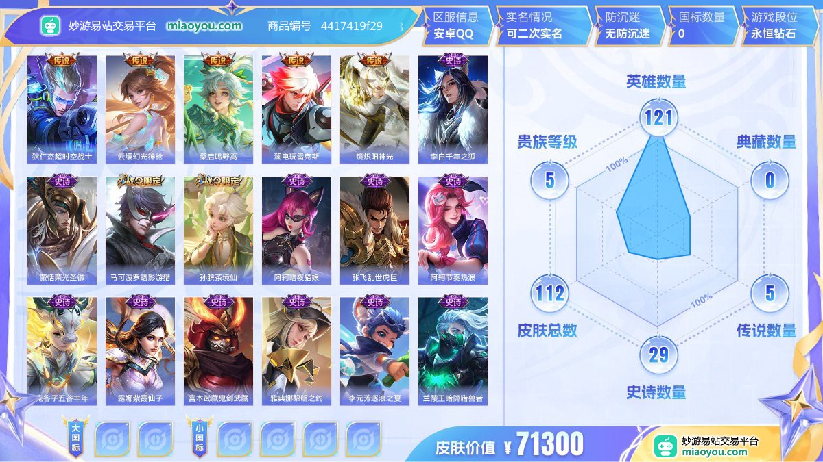 传说5 史诗29 限定38 英雄121 皮肤112  稀有英雄8 贵族5级 皮肤价值:71300  
【传说皮肤5】 狄仁杰超时空战士 云缨幻光神枪 桑启鸣野蒿 澜电玩雷克斯 镜炽阳神光
【史诗皮肤29】 李白千年之狐 蒙恬荣光圣徽 马可波罗暗影游猎 孙膑茶境仙 阿轲暗夜猫娘 张飞乱世虎臣 阿轲节奏热浪 鬼谷子五谷丰年 露娜紫霞仙子 宫本武藏鬼剑武藏 雅典娜黎明之约 李元芳逐浪之夏 兰陵王暗隐猎兽者 甄姬冰雪圆舞曲 阿古朵江河有灵 墨子金属风暴 赵云皇家上将 廉颇地狱岩魂 吕布末日机甲 孙尚