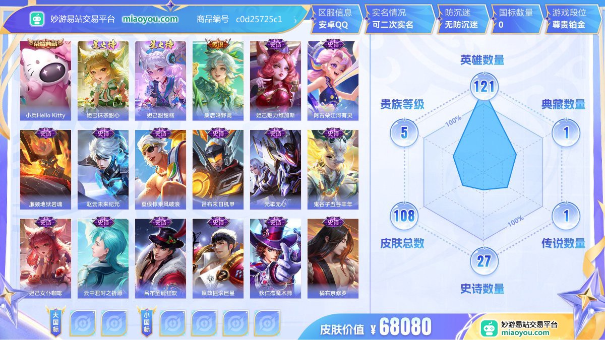 典藏1 星元2 传说1 史诗27 限定39 英雄121 皮肤108  稀有英雄8 贵族5级 皮肤价值:68080  
【荣耀典藏1】 小兵Hello Kitty
【星元皮肤2】 妲己抹茶甜心 妲己甜甜糕
【传说皮肤1】 桑启鸣野蒿
【史诗皮肤27】 妲己魅力维加斯 阿古朵江河有灵 廉颇地狱岩魂 赵云未来纪元 夏侯惇乘风破浪 吕布末日机甲 元歌无心 鬼谷子五谷丰年 妲己女仆咖啡 云中君时之祈愿 吕布圣诞狂欢 嬴政摇滚巨星 狄仁杰魔术师 橘右京修罗 嫦娥拒霜思 墨子金属风暴 庄周高山流水 上
