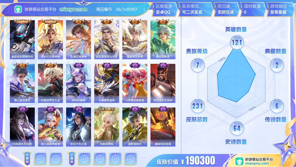 典藏2 传说6 史诗64 限定74 英雄121 皮肤231  稀有英雄8 贵族7级 皮肤价值:190300  
【荣耀典藏2】 夏侯惇无限飓风号 花木兰九霄神辉
【传说皮肤6】 云缨幻光神枪 司空震愿照山河定 澜愿照九州拓 桑启鸣野蒿 曜山海苍雷引 孙悟空齐天大圣
【史诗皮肤64】 阿轲化蝶舞 牛魔星界战将 小乔缤纷独角兽 程咬金功夫厨神 刘邦德古拉伯爵 姬小满妄想食味 李白千年之狐 孙膑茶境仙 澜赏金猎手 廉颇地狱岩魂 露娜紫霞仙子 百里守约百相守梦 百里玄策原初追逐者 阿轲暗夜猫娘 铠