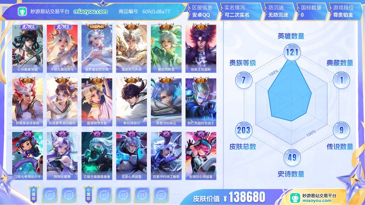 无双2 典藏1 传说9 史诗49 限定69 英雄121 皮肤203  稀有英雄8 贵族7级 皮肤价值:138680  
【无双皮肤2】 公孙离离恨烟 不知火舞花合斗
【荣耀典藏1】 伽罗最初的交响
【传说皮肤9】 澜愿照九州拓 桑启鸣野蒿 铠冥王哈迪斯 孙策乘龙淬吴钩 孙尚香乘龙问璇玑 夏洛特浮生妄 李白诗剑行 百里守约碎云 狄仁杰超时空战士
【史诗皮肤49】 鲁班七号电玩小子 阿轲化蝶舞 兰陵王暗隐猎兽者 亚瑟心灵战警 百里守约特工魅影 安琪拉心灵骇客 明世隐吟游魔法 蔡文姬夏日便利店