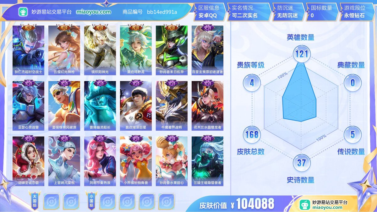 传说5 史诗37 限定43 英雄121 皮肤168  稀有英雄8 贵族4级 皮肤价值:104088  
【传说皮肤5】 狄仁杰超时空战士 云缨幻光神枪 镜炽阳神光 桑启鸣野蒿 孙尚香末日机甲
【史诗皮肤37】 百里玄策原初追逐者 亚瑟心灵战警 夏侯惇乘风破浪 曹操幽灵船长 嬴政摇滚巨星 牛魔星界战将 花木兰水晶猎龙者 貂蝉圣诞恋歌 上官婉儿梁祝 阿轲节奏热浪 小乔缤纷独角兽 孙尚香水果甜心 兰陵王暗隐猎兽者 刘禅天才门将 李元芳逐浪之夏 诸葛亮黄金分割率 蒙恬荣光圣徽 嫦娥拒霜思 蒙犽百解令