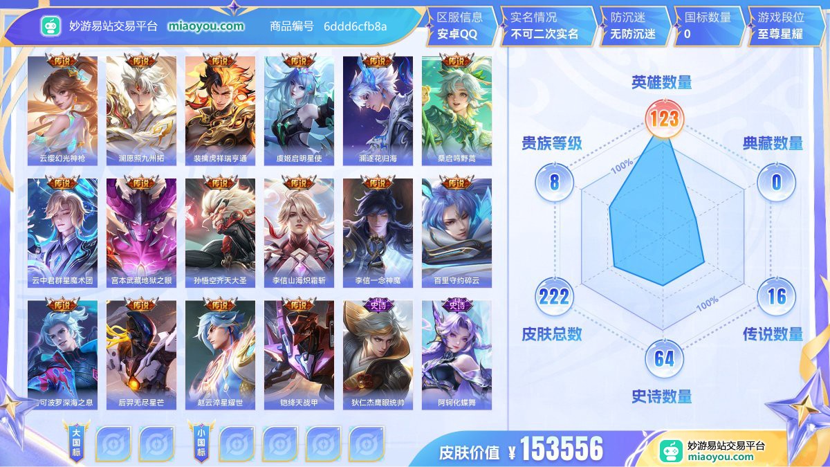传说16 史诗64 限定69 英雄123 皮肤222  稀有英雄9 贵族8级 皮肤价值:153556  
【传说皮肤16】 云缨幻光神枪 澜愿照九州拓 裴擒虎祥瑞亨通 虞姬启明星使 澜逐花归海 桑启鸣野蒿 云中君群星魔术团 宫本武藏地狱之眼 孙悟空齐天大圣 李信山海炽霜斩 李信一念神魔 百里守约碎云 马可波罗深海之息 后羿无尽星芒 赵云淬星耀世 铠绛天战甲
【史诗皮肤64】 狄仁杰鹰眼统帅 阿轲化蝶舞 露娜紫霞仙子 赵怀真器灵浮梦炉 韩信傲雪梅枪 孙膑茶境仙 百里玄策原初追逐者 花木兰水晶猎