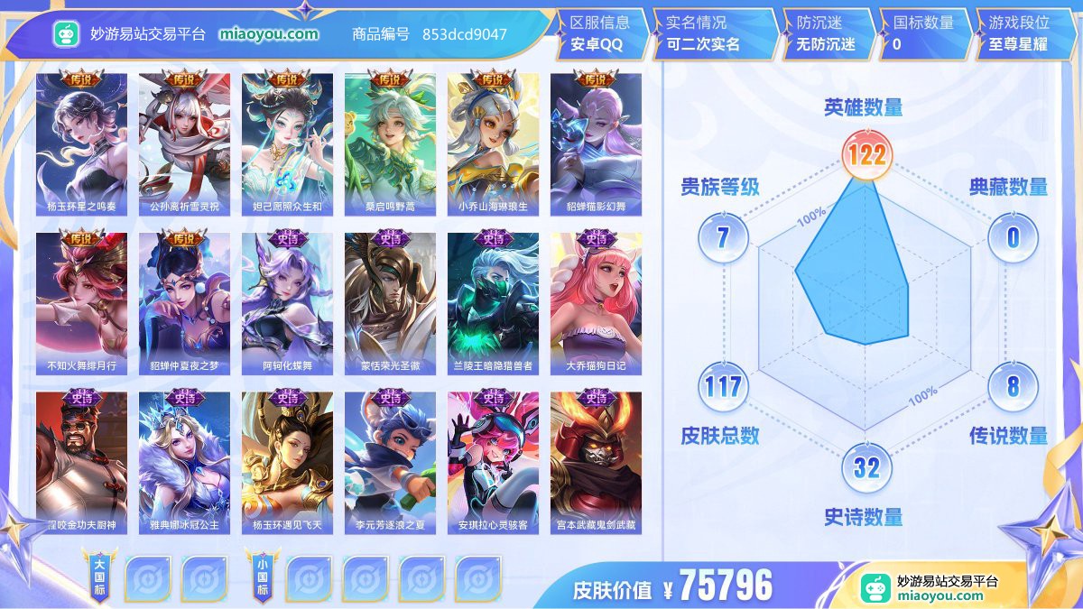 传说8 史诗32 限定37 英雄122 皮肤117  稀有英雄8 贵族7级 皮肤价值:75796  
【传说皮肤8】 杨玉环星之鸣奏 公孙离祈雪灵祝 妲己愿照众生和 桑启鸣野蒿 小乔山海琳琅生 貂蝉猫影幻舞 不知火舞绯月行 貂蝉仲夏夜之梦
【史诗皮肤32】 阿轲化蝶舞 蒙恬荣光圣徽 兰陵王暗隐猎兽者 大乔猫狗日记 程咬金功夫厨神 雅典娜冰冠公主 杨玉环遇见飞天 李元芳逐浪之夏 安琪拉心灵骇客 宫本武藏鬼剑武藏 杨玉环寅虎心曲 小乔缤纷独角兽 甄姬冰雪圆舞曲 貂蝉圣诞恋歌 阿古朵江河有灵 貂蝉