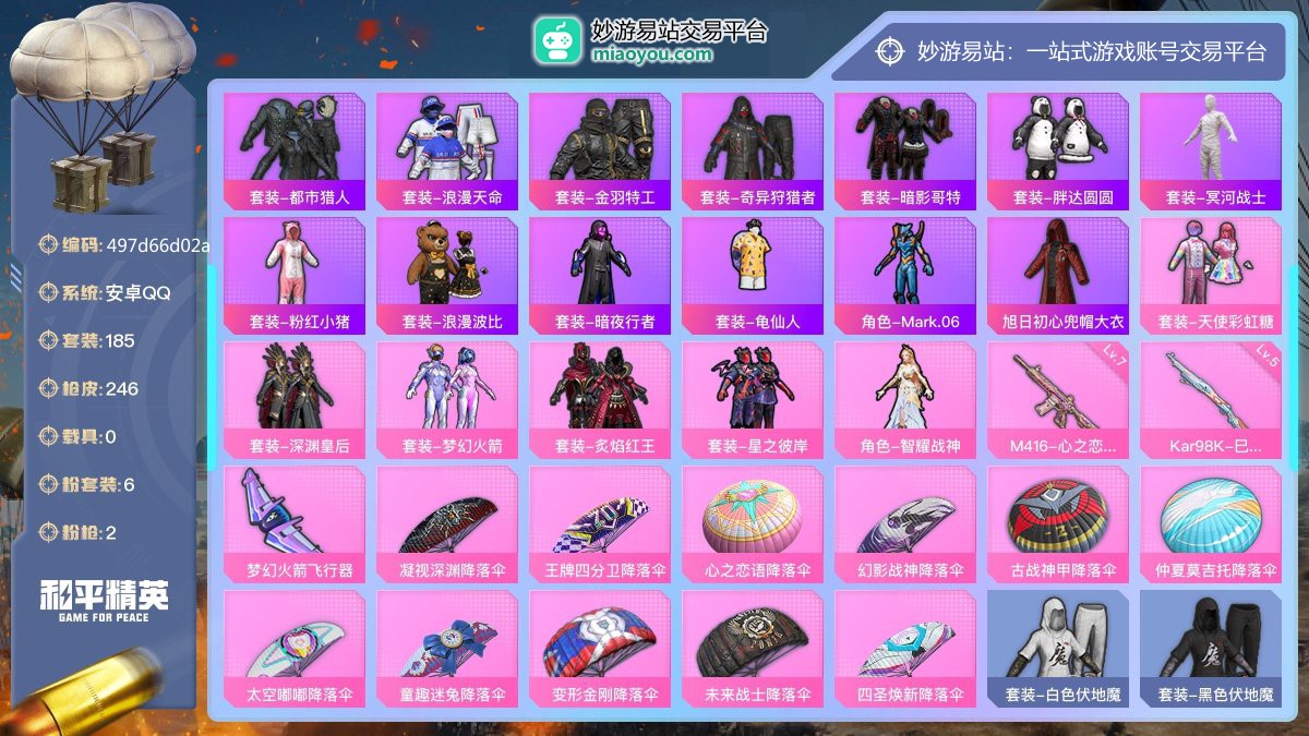 历史最高段位:超级王牌11星 王牌印记11次 等级：Lv.63 热力值:77915， 6粉装，2粉枪，0载具，12粉色战备，185套装，246枪械，328装备，1飞行器，180战备； 热门套装：套装-都市猎人，套装-浪漫天命，套装-金羽特工，套装-奇异狩猎者，套装-暗影哥特，套装-胖达圆圆，套装-冥河战士，套装-粉红小猪，套装-浪漫波比，套装-暗夜行者，套装-龟仙人，角色-Mark.06，旭日初心兜帽大衣；粉色套装：粉装-天使彩虹糖，粉装-深渊皇后，粉装-梦幻火箭，粉装-炙焰红王，粉装-星之彼岸