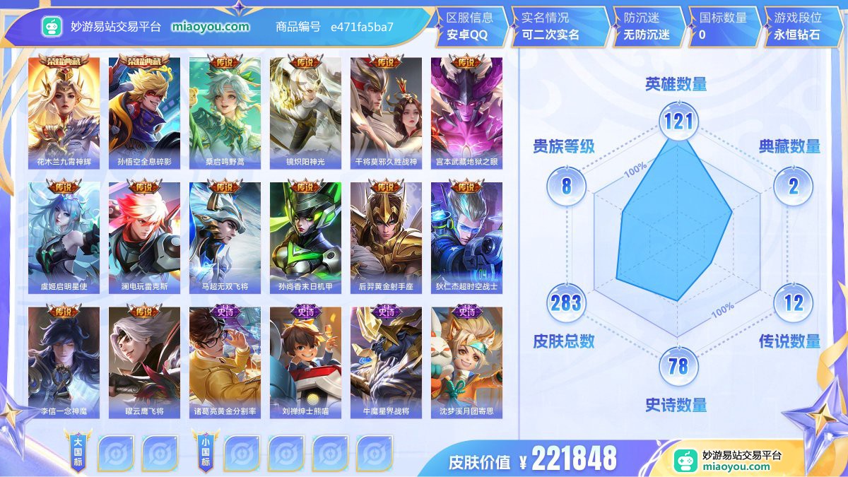 典藏2 传说12 史诗78 限定77 英雄121 皮肤283  稀有英雄8 贵族8级 皮肤价值:221848  
【荣耀典藏2】 花木兰九霄神辉 孙悟空全息碎影
【传说皮肤12】 桑启鸣野蒿 镜炽阳神光 干将莫邪久胜战神 宫本武藏地狱之眼 虞姬启明星使 澜电玩雷克斯 马超无双飞将 孙尚香末日机甲 后羿黄金射手座 狄仁杰超时空战士 李信一念神魔 曜云鹰飞将
【史诗皮肤78】 诸葛亮黄金分割率 刘禅绅士熊喵 牛魔星界战将 沈梦溪月团寄思 甄姬游园惊梦 伽罗箭羽风息 嬴政暗夜贵公子 孙策猫狗日记