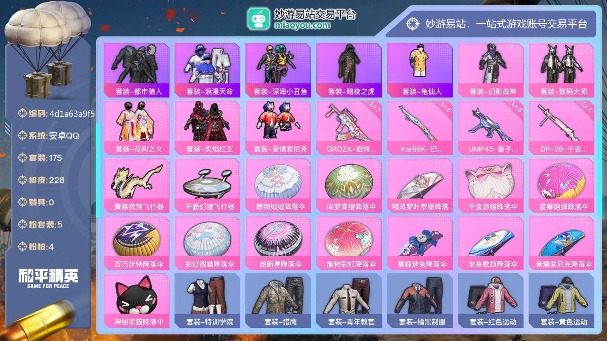 历史最高段位:传奇王牌14星 王牌印记16次 等级：Lv.66 热力值:64795， 5粉装，4粉枪，0载具，15粉色战备，175套装，228枪械，263装备，2飞行器，189战备； 热门套装：套装-都市猎人，套装-浪漫天命，套装-深海小丑鱼，套装-暗夜之虎，套装-龟仙人；粉色套装：粉装-幻影战神，粉装-数码大师，粉装-花间之火，粉装-炙焰红王，粉装-音爆索尼克；粉色枪械：GROZA-旋转彩虹（7级），Kar98K-巳巳如意（5级），UMP45-量子极限（5级），DP-28-千金淑猫（1级）；粉