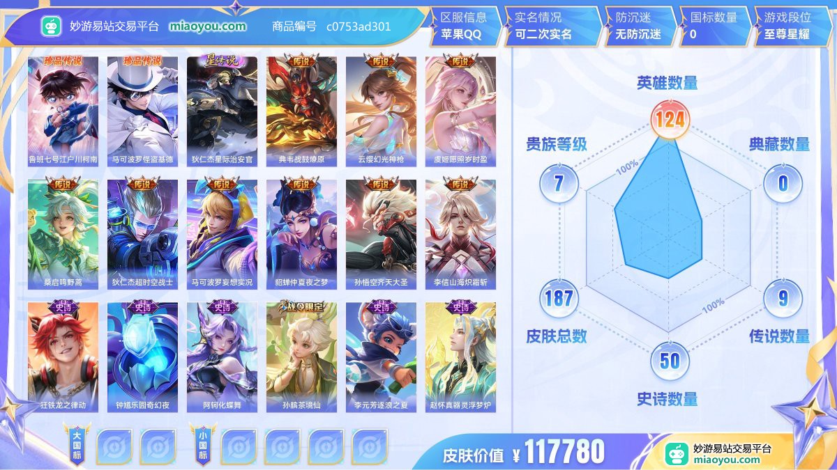 珍品传说2 星元1 传说9 史诗50 限定65 英雄124 皮肤187  稀有英雄9 贵族7级 皮肤价值:117780  
【珍品传说2】 鲁班七号江户川柯南 马可波罗怪盗基德
【星元皮肤1】 狄仁杰星际治安官
【传说皮肤9】 典韦战鼓燎原 云缨幻光神枪 虞姬愿照岁时盈 桑启鸣野蒿 狄仁杰超时空战士 马可波罗妄想实况 貂蝉仲夏夜之梦 孙悟空齐天大圣 李信山海炽霜斩
【史诗皮肤50】 狂铁龙之律动 钟馗乐园奇幻夜 阿轲化蝶舞 孙膑茶境仙 李元芳逐浪之夏 赵怀真器灵浮梦炉 弈星万物之道 安琪