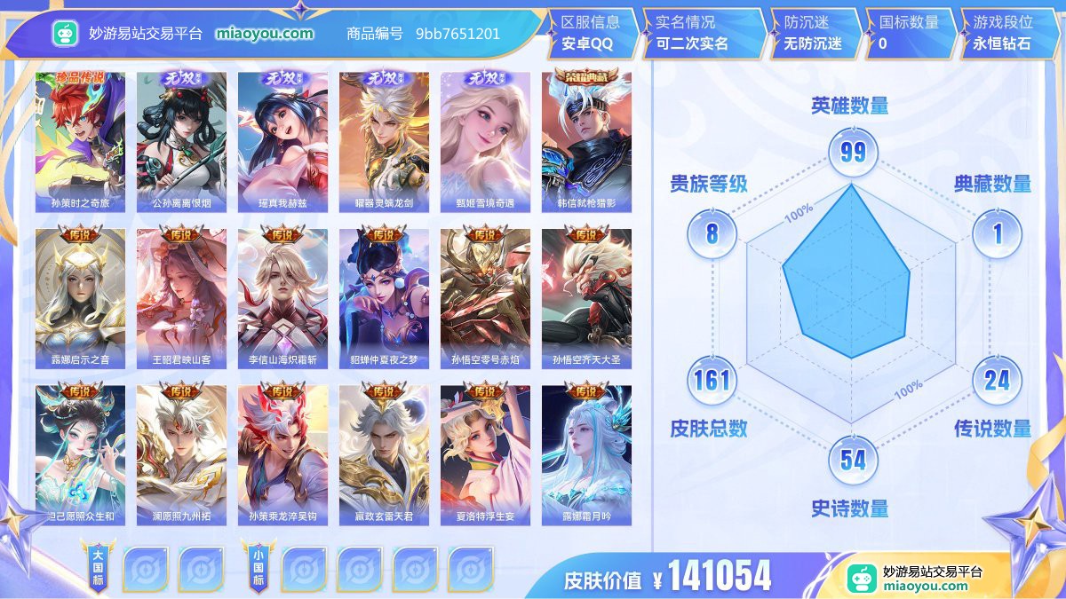 珍品传说1 无双4 典藏1 传说24 史诗54 限定65 英雄99 皮肤161  稀有英雄3 贵族8级 皮肤价值:141054  
【珍品传说1】 孙策时之奇旅
【无双皮肤4】 公孙离离恨烟 瑶真我赫兹 曜器灵螭龙剑 甄姬雪境奇遇
【荣耀典藏1】 韩信弑枪猎影
【传说皮肤24】 露娜启示之音 王昭君映山客 李信山海炽霜斩 貂蝉仲夏夜之梦 孙悟空零号赤焰 孙悟空齐天大圣 妲己愿照众生和 澜愿照九州拓 孙策乘龙淬吴钩 嬴政玄雷天君 夏洛特浮生妄 露娜霜月吟 李信一念神魔 澜逐花归海 曜云鹰飞