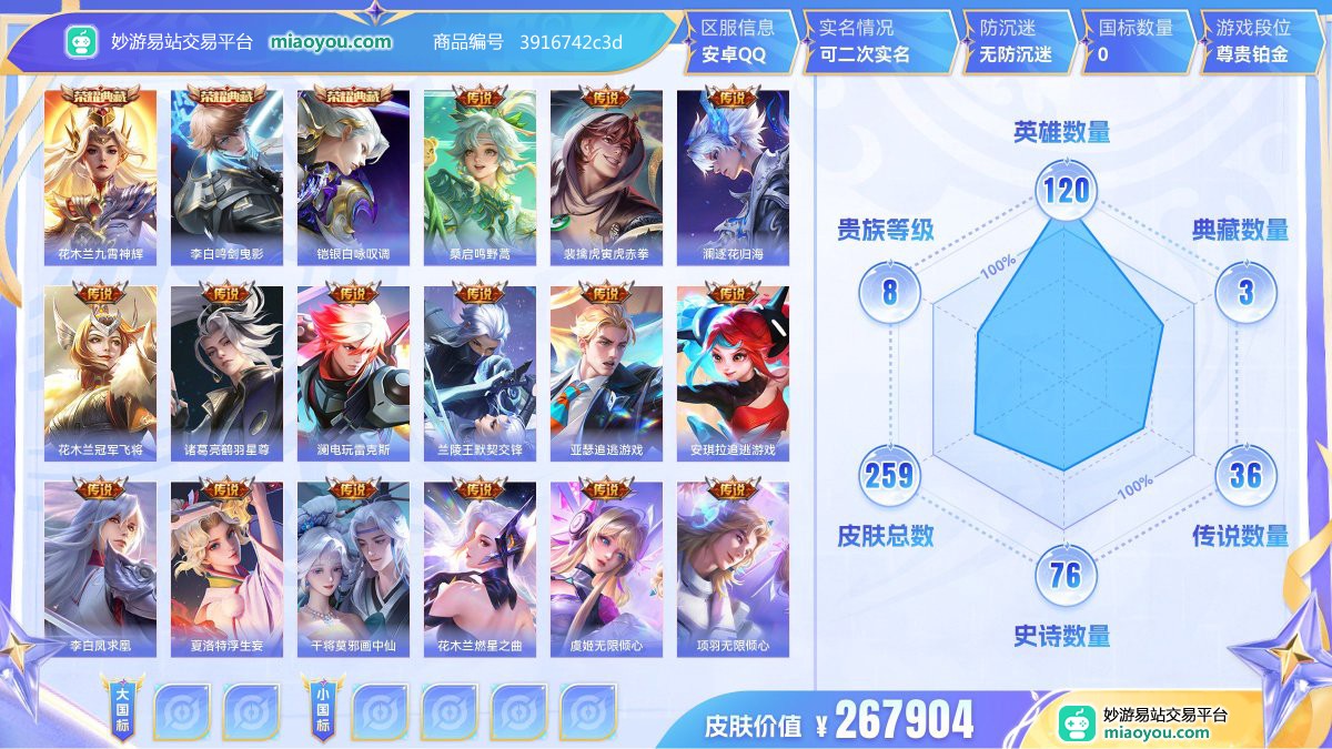 典藏3 传说36 史诗76 限定85 英雄120 皮肤259  稀有英雄8 贵族8级 皮肤价值:267904  
【荣耀典藏3】 花木兰九霄神辉 李白鸣剑曳影 铠银白咏叹调
【传说皮肤36】 桑启鸣野蒿 裴擒虎寅虎赤拳 澜逐花归海 花木兰冠军飞将 诸葛亮鹤羽星尊 澜电玩雷克斯 兰陵王默契交锋 亚瑟追逃游戏 安琪拉追逃游戏 李白凤求凰 夏洛特浮生妄 干将莫邪画中仙 花木兰燃星之曲 虞姬无限倾心 项羽无限倾心 刘备时之恋人 狄仁杰神器狴犴令 伽罗炽翼辉光 虞姬启明星使 达摩黄金狮子座 孙尚香末日