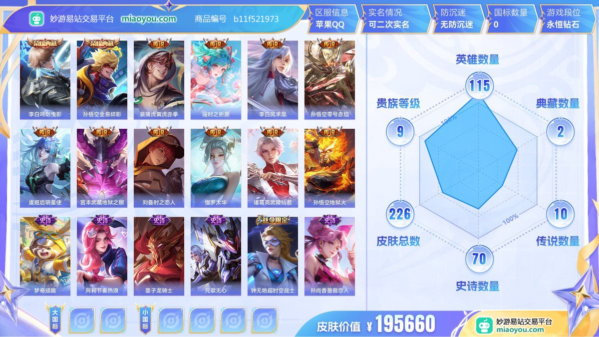典藏2 传说10 史诗70 限定86 英雄115 皮肤226  稀有英雄8 贵族9级 皮肤价值:195660  
【荣耀典藏2】 李白鸣剑曳影 孙悟空全息碎影
【传说皮肤10】 裴擒虎寅虎赤拳 瑶时之祈愿 李白凤求凰 孙悟空零号赤焰 虞姬启明星使 宫本武藏地狱之眼 刘备时之恋人 伽罗太华 诸葛亮武陵仙君 孙悟空地狱火
【史诗皮肤70】 梦奇顽趣 阿轲节奏热浪 墨子龙骑士 元歌无心 钟无艳超时空战士 孙尚香蔷薇恋人 兰陵王暗隐猎兽者 鬼谷子五谷丰年 明世隐吟游魔法 澜赏金猎手 赵云百木心枪 
