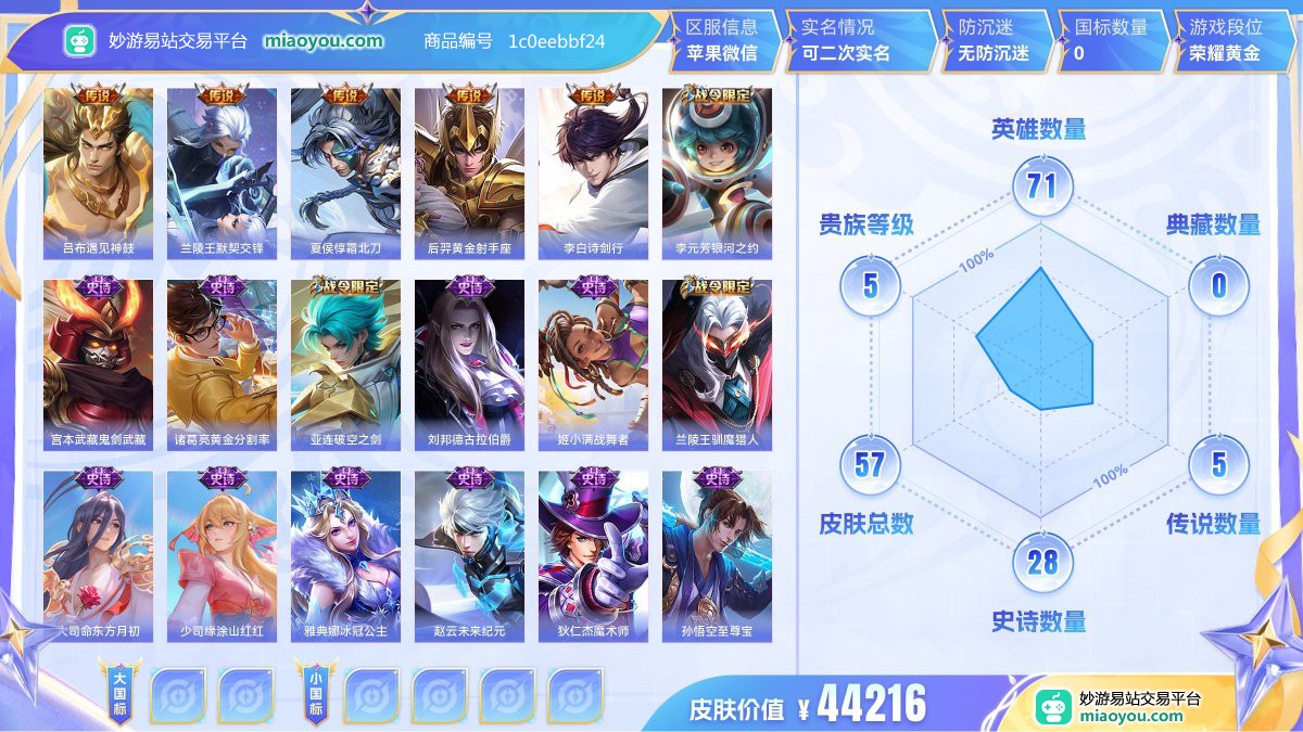 传说5 史诗28 限定21 英雄71 皮肤57  稀有英雄3 贵族5级 皮肤价值:44216  
【传说皮肤5】 吕布遇见神鼓 兰陵王默契交锋 夏侯惇霜北刀 后羿黄金射手座 李白诗剑行
【史诗皮肤28】 李元芳银河之约 宫本武藏鬼剑武藏 诸葛亮黄金分割率 亚连破空之剑 刘邦德古拉伯爵 姬小满战舞者 兰陵王驯魔猎人 大司命东方月初 少司缘涂山红红 雅典娜冰冠公主 赵云未来纪元 狄仁杰魔术师 孙悟空至尊宝 赵云皇家上将 狄仁杰鹰眼统帅 弈星滕王阁序 蒙犽顽岩魄 孙策猫狗日记 米莱狄完美假期 安琪