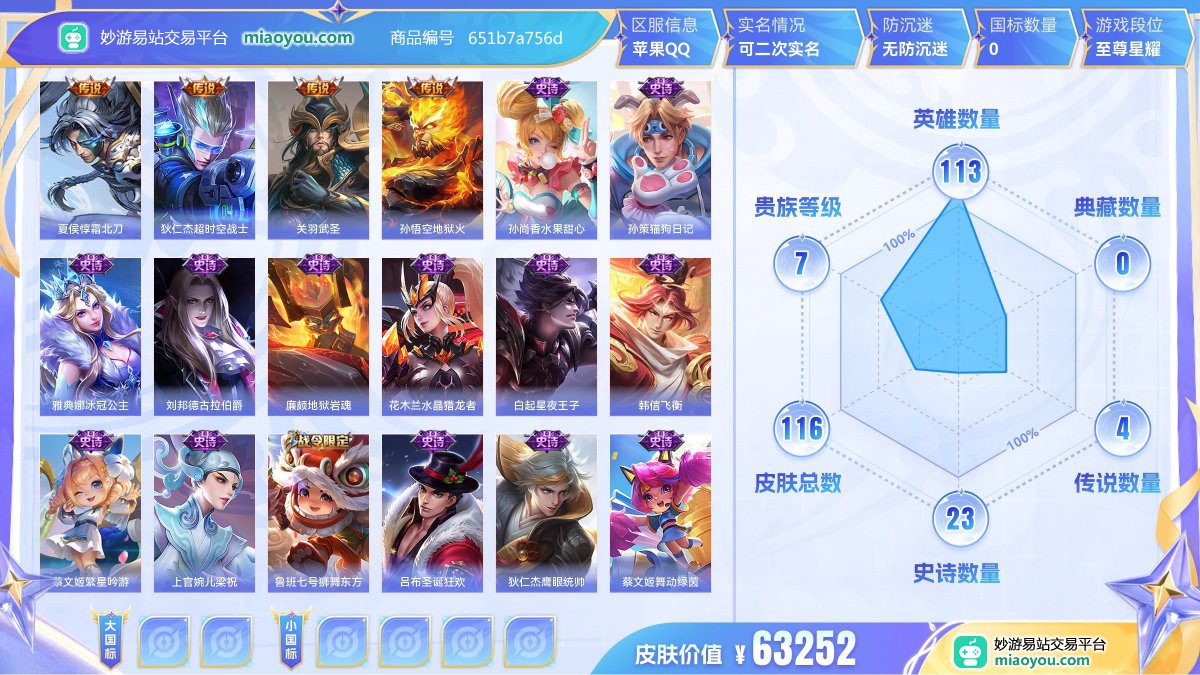传说4 史诗23 限定37 英雄113 皮肤116  稀有英雄7 贵族7级 皮肤价值:63252  
【传说皮肤4】 夏侯惇霜北刀 狄仁杰超时空战士 关羽武圣 孙悟空地狱火
【史诗皮肤23】 孙尚香水果甜心 孙策猫狗日记 雅典娜冰冠公主 刘邦德古拉伯爵 廉颇地狱岩魂 花木兰水晶猎龙者 白起星夜王子 韩信飞衡 蔡文姬繁星吟游 上官婉儿梁祝 鲁班七号狮舞东方 吕布圣诞狂欢 狄仁杰鹰眼统帅 蔡文姬舞动绿茵 孙悟空大圣娶亲 铠青龙志 狄仁杰魔术师 关羽冰锋战神 李白千年之狐 韩信白龙吟 赵云皇家上将