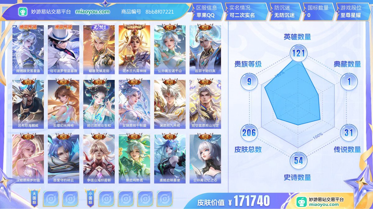 珍品传说2 无双1 典藏1 传说31 史诗54 限定56 英雄121 皮肤206  稀有英雄7 贵族9级 皮肤价值:171740  
【珍品传说2】 嫦娥器灵落星盏 马可波罗怪盗基德
【无双皮肤1】 曜器灵螭龙剑
【荣耀典藏1】 花木兰九霄神辉
【传说皮肤31】 公孙离云诺千山 后羿千劫归真 吕布怒海麟威 云缨幻光神枪 妲己愿照众生和 女娲愿照千秋盛 澜愿照九州拓 司空震愿照山河定 虞姬愿照岁时盈 百里守约碎云 李信山海炽霜斩 桑启鸣野蒿 虞姬启明星使 公孙离记忆之芯 伽罗太华 镜炽阳神