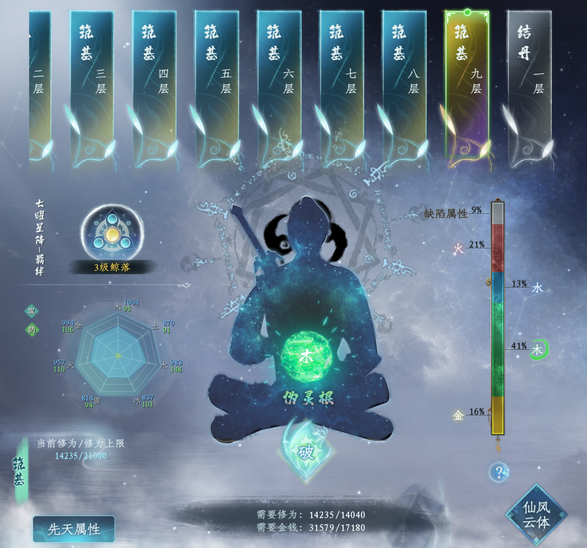 【Wegame】【五台】职业：剑修，境界：筑基九层，灵根：木系伪灵根，木攻1004，3级鲸落，天赋：刮骨0.39%，天赋技能：洞若观火，前途无量，雪上加霜；装备：伏羲`紫一套；详情看图 号主备注：wegame,新账号，刮骨剑修，上清集先天功满级，筑基9可突破结丹1，包内非绑铜8000，洞府全1级，自带商城银2700。【自己截图】