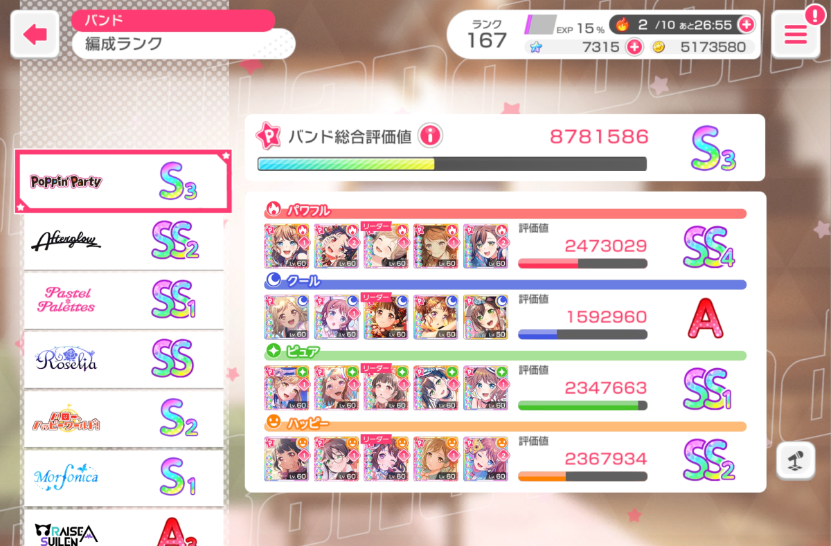 BangDream! 邦邦日服成品号 等级167
174五星（88五星卡＋86金方块含已升）
有推子联动，万圣节限定等等，dfes也有很多,具体见图
乐队等级都比较高（详见图）
273萝500牌，274混100牌，275hhw1000牌，276ppp1000牌以及月500，1000牌。详情见图【自己截图】
