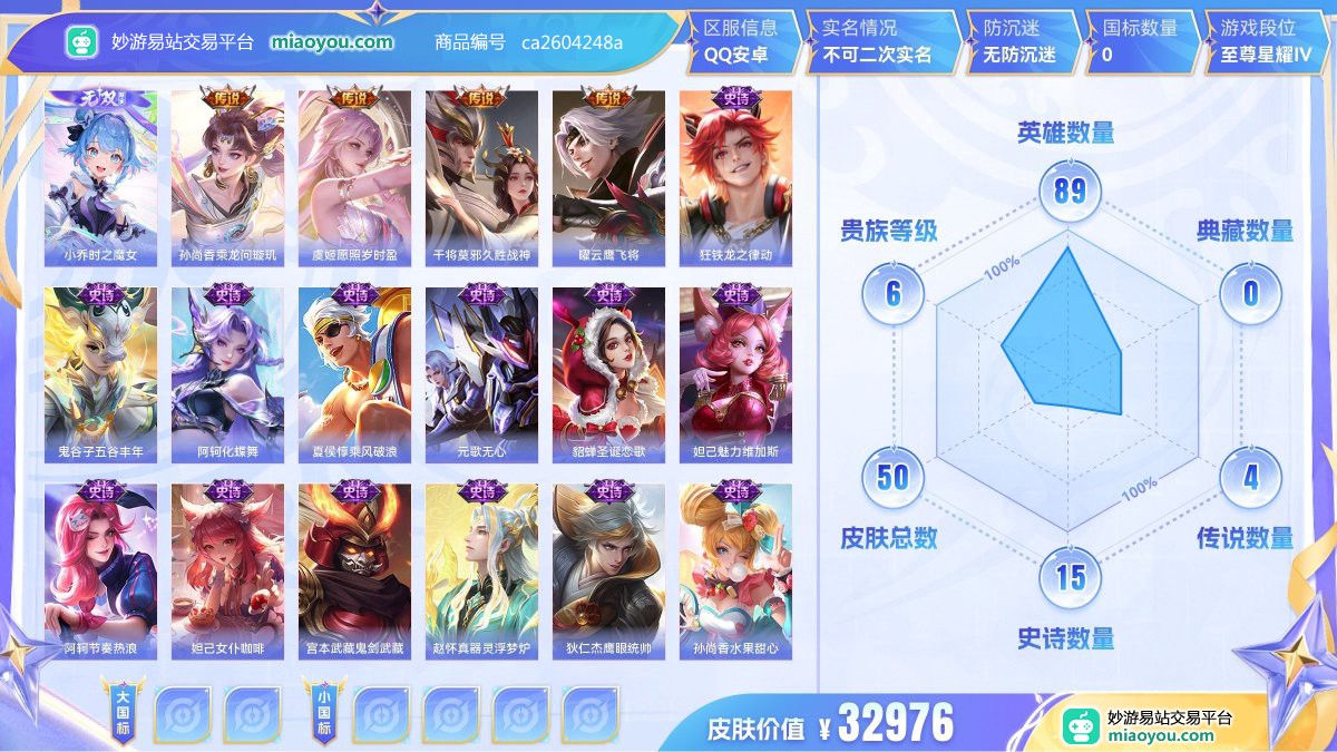 无双1 传说4 史诗15 限定16 英雄89 皮肤50  稀有英雄5 贵族6级 皮肤价值:32976  
【无双皮肤1】 小乔时之魔女
【传说皮肤4】 孙尚香乘龙问璇玑 虞姬愿照岁时盈 干将莫邪久胜战神 曜云鹰飞将
【史诗皮肤15】 狂铁龙之律动 鬼谷子五谷丰年 阿轲化蝶舞 夏侯惇乘风破浪 元歌无心 貂蝉圣诞恋歌 妲己魅力维加斯 阿轲节奏热浪 妲己女仆咖啡 宫本武藏鬼剑武藏 赵怀真器灵浮梦炉 狄仁杰鹰眼统帅 孙尚香水果甜心 诸葛亮黄金分割率 孙策猫狗日记
【年限皮肤2】 孙尚香乘龙问璇玑
