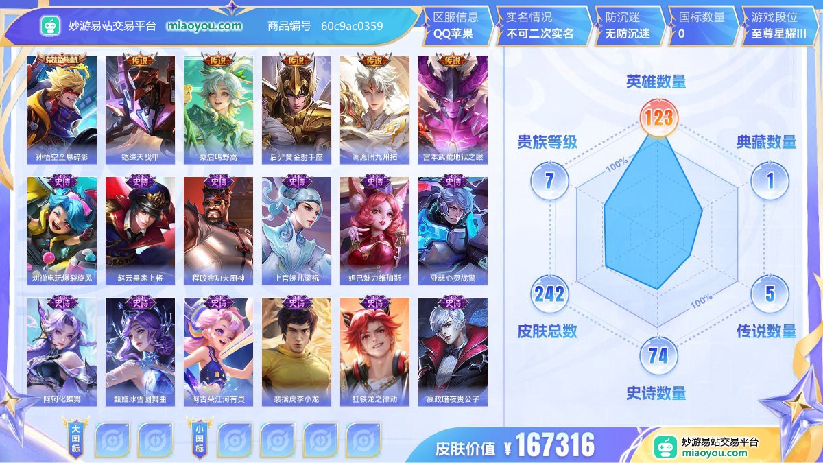 典藏1 传说5 史诗74 限定82 英雄123 皮肤242  稀有英雄9 贵族7级 皮肤价值:167316  
【荣耀典藏1】 孙悟空全息碎影
【传说皮肤5】 铠绛天战甲 桑启鸣野蒿 后羿黄金射手座 澜愿照九州拓 宫本武藏地狱之眼
【史诗皮肤74】 刘禅电玩爆裂旋风 赵云皇家上将 程咬金功夫厨神 上官婉儿梁祝 妲己魅力维加斯 亚瑟心灵战警 阿轲化蝶舞 甄姬冰雪圆舞曲 阿古朵江河有灵 裴擒虎李小龙 狂铁龙之律动 嬴政暗夜贵公子 安琪拉心灵骇客 扁鹊奇幻香踪 孙尚香蔷薇恋人 亚连破空之剑 高渐