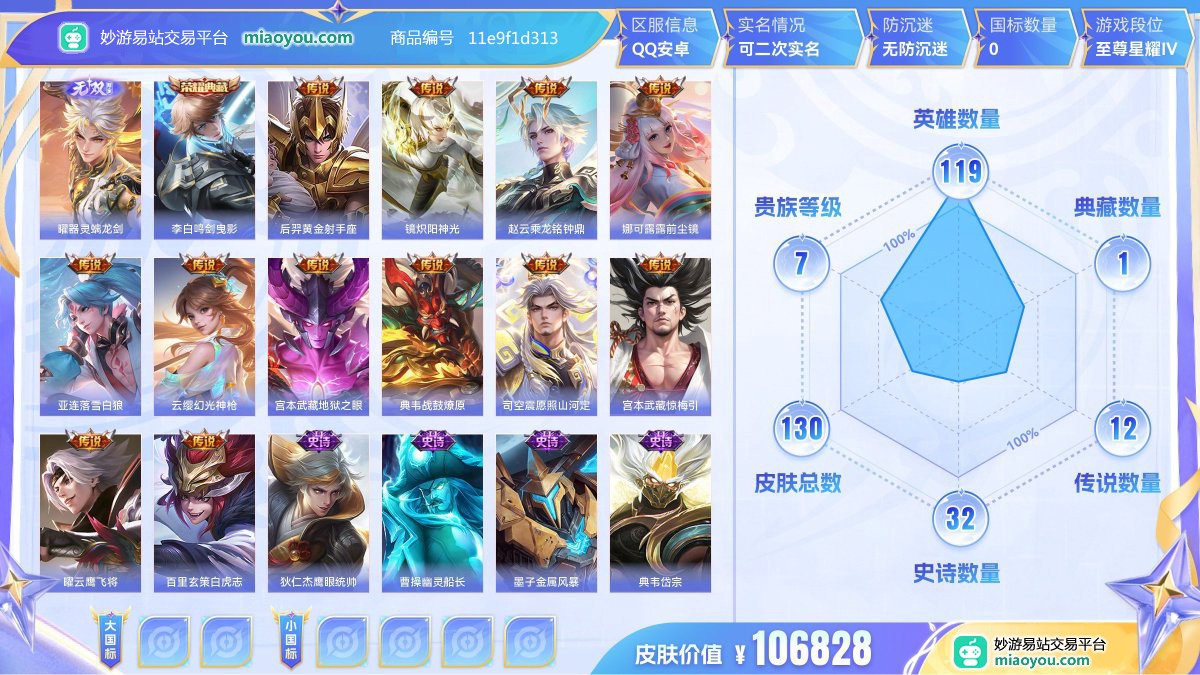 无双1 典藏1 传说12 史诗32 限定42 英雄119 皮肤130  稀有英雄9 贵族7级 皮肤价值:106828  
【无双皮肤1】 曜器灵螭龙剑
【荣耀典藏1】 李白鸣剑曳影
【传说皮肤12】 后羿黄金射手座 镜炽阳神光 赵云乘龙铭钟鼎 娜可露露前尘镜 亚连落雪白狼 云缨幻光神枪 宫本武藏地狱之眼 典韦战鼓燎原 司空震愿照山河定 宫本武藏惊梅引 曜云鹰飞将 百里玄策白虎志
【史诗皮肤32】 狄仁杰鹰眼统帅 曹操幽灵船长 墨子金属风暴 典韦岱宗 蒙犽顽岩魄 廉颇地狱岩魂 司空震地狱燃