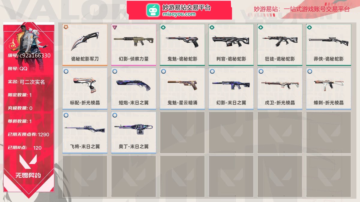 （号主备注;上面还有200多R点）Lv46|白银I， 刀皮数量1，枪皮数量13(限定1究极0尊爵1)；已用无畏点券1290，已用R点120；近战武器-诡秘蛇影军刀，幻影-侦察力量，鬼魅-诡秘蛇影，判官-诡秘蛇影，狂徒-诡秘蛇影，莽侠-诡秘蛇影，标配-折光棱晶，短炮-末日之翼，鬼魅-星云暗涌，幻影-末日之翼，戍卫-折光棱晶，蜂刺-折光棱晶，飞将-末日之翼，奥丁-末日之翼， 详情看图【皮肤包含可能含有特权期限皮肤，具体以游戏内实际拥有为准】【QQ】【可二次实名】【官方截图】