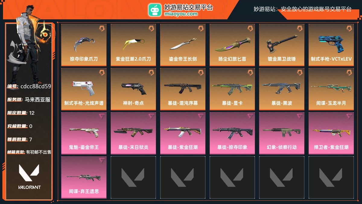 金牌，刀皮数量5，枪皮数量14（限定12,究极0,尊爵7）,库存价值：39965；近战武器-掠夺印象爪刀，近战武器-紫金狂潮2.0爪刀，近战武器-鎏金帝王长剑，近战武器-扬尘幻旅匕首，近战武器-镀金黑卫战锤，制式手枪-VCTxLEV，制式手枪-光炫声谱，神射-奇点，暴徒-混沌序幕，暴徒-显卡，暴徒-黑波，间谍-玉龙半月，鬼魅-鎏金帝王，暴徒-末日狱炎，暴徒-紫金狂潮，暴徒-掠夺印象，幻象-侦察行动，捍卫者-紫金狂潮，间谍-弃王遗思， 详情看图【马来西亚服】【有初邮不出售】【官方截图】