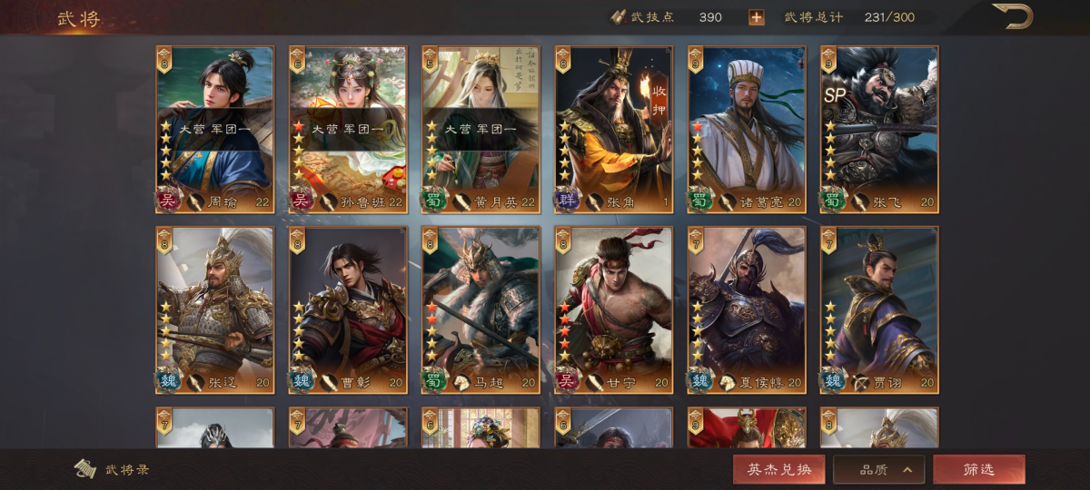 武将总计231/300，周瑜，孙鲁班，美女孙尚香好玩，详情见图【自主截图】