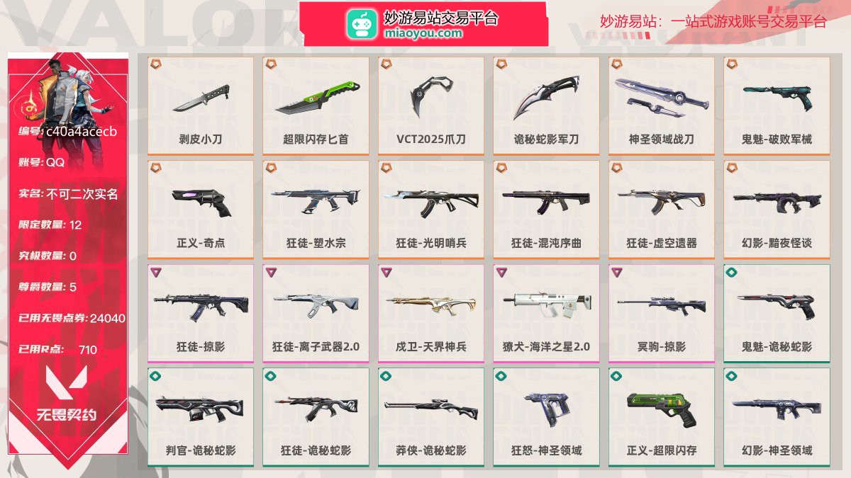 等级88 段位黄金II 刀皮数量5 枪皮数量48 限定12 尊爵5 已用无畏点券24040 已用R点710