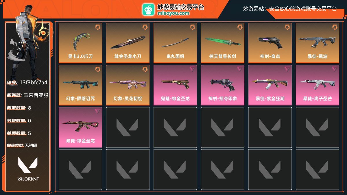 无段位，刀皮数量4，枪皮数量9（限定8,究极0,尊爵5）,库存价值：32700；近战武器-显卡3.0爪刀，近战武器-绯金圣龙小刀，近战武器-鬼丸国纲，近战武器-掠天彗星长剑，神射-奇点，暴徒-黑波，幻象-陨落诅咒，幻象-灵花初绽，鬼魅-绯金圣龙，神射-掠夺印象，暴徒-紫金狂潮，暴徒-离子圣芒，暴徒-绯金圣龙， 详情看图【马来西亚服】【无初邮】【官方截图】