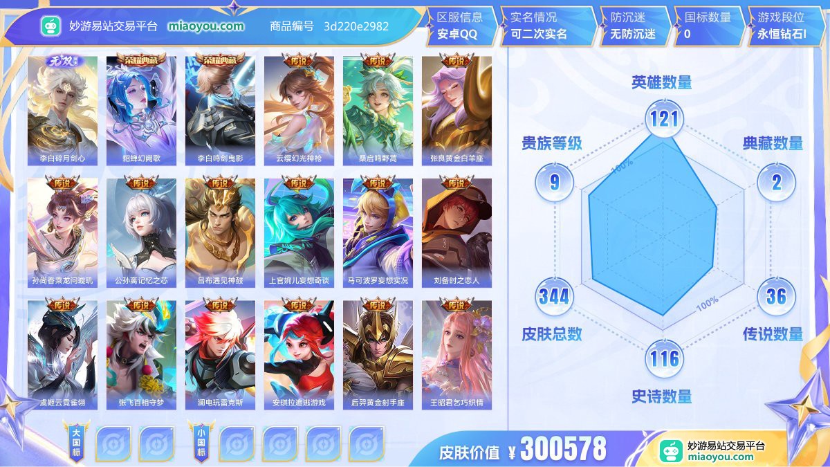 无双1 典藏2 传说36 史诗116 限定126 英雄121 皮肤344  稀有英雄8 贵族9级 皮肤价值:300578  
【无双皮肤1】 李白碎月剑心
【荣耀典藏2】 貂蝉幻阙歌 李白鸣剑曳影
【传说皮肤36】 云缨幻光神枪 桑启鸣野蒿 张良黄金白羊座 孙尚香乘龙问璇玑 公孙离记忆之芯 吕布遇见神鼓 上官婉儿妄想奇谈 马可波罗妄想实况 刘备时之恋人 虞姬云霓雀翎 张飞百相守梦 澜电玩雷克斯 安琪拉追逃游戏 后羿黄金射手座 王昭君乞巧织情 夏洛特浮生妄 干将莫邪画中仙 小乔山海琳琅生 曜