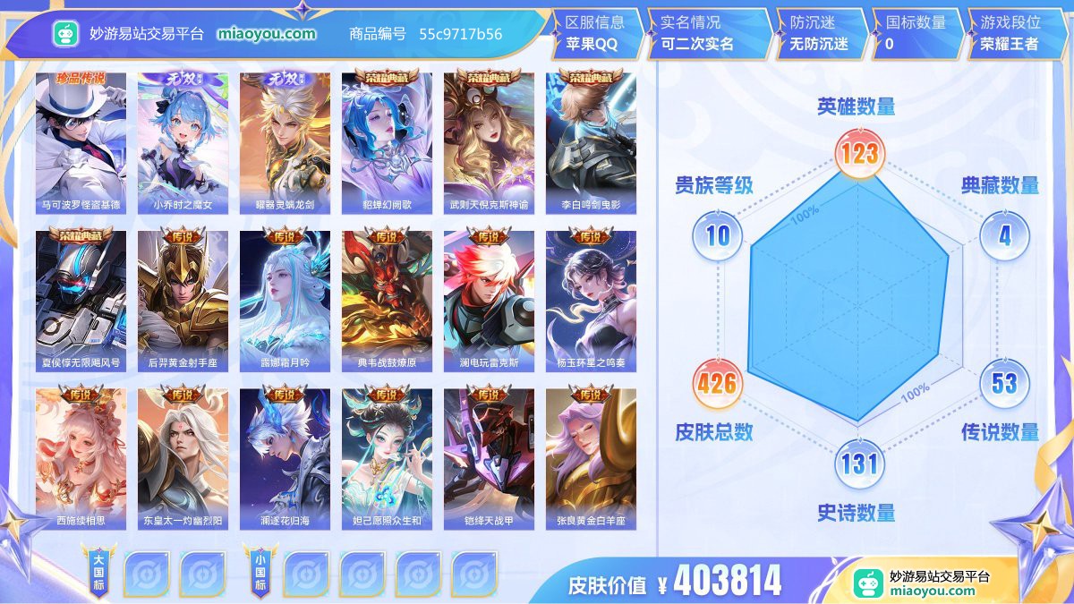 珍品传说1 无双2 典藏4 传说53 史诗131 限定152 英雄123 皮肤426  稀有英雄10 贵族10级 皮肤价值:403814  
【珍品传说1】 马可波罗怪盗基德
【无双皮肤2】 小乔时之魔女 曜器灵螭龙剑
【荣耀典藏4】 貂蝉幻阙歌 武则天倪克斯神谕 李白鸣剑曳影 夏侯惇无限飓风号
【传说皮肤53】 后羿黄金射手座 露娜霜月吟 典韦战鼓燎原 澜电玩雷克斯 杨玉环星之鸣奏 西施续相思 东皇太一灼幽烈阳 澜逐花归海 妲己愿照众生和 铠绛天战甲 张良黄金白羊座 上官婉儿妄想奇谈 
