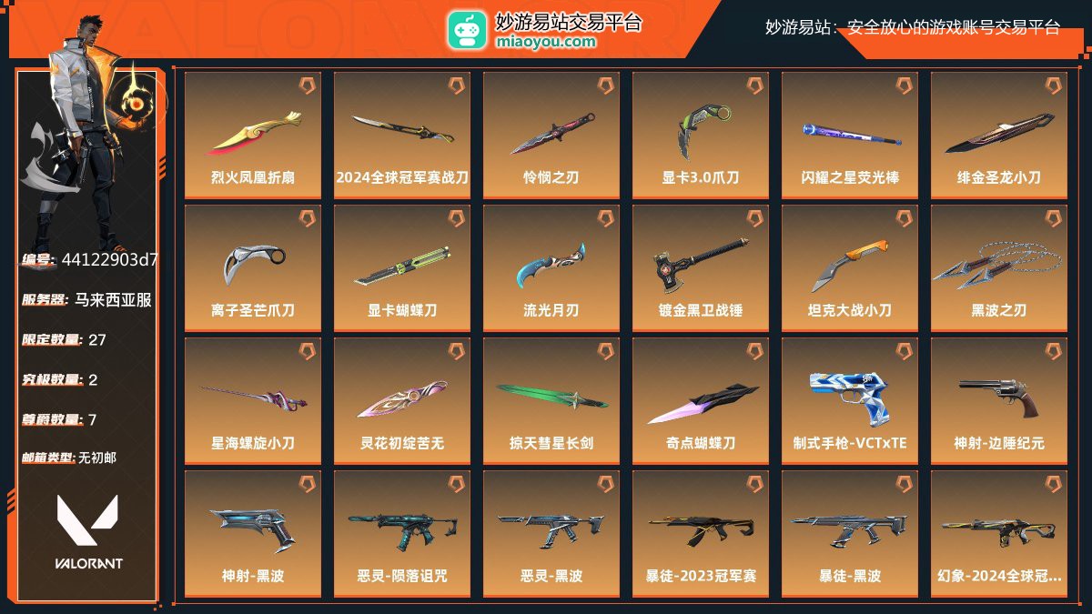 金牌，刀皮数量16，枪皮数量20（限定27,究极2,尊爵7）,库存价值：98955；近战武器-烈火凤凰折扇，近战武器-2024全球冠军赛战刀，近战武器-怜悯之刃，近战武器-显卡3.0爪刀，近战武器-闪耀之星荧光棒，近战武器-绯金圣龙小刀，近战武器-离子圣芒爪刀，近战武器-显卡蝴蝶刀，近战武器-流光月刃，近战武器-镀金黑卫战锤，近战武器-坦克大战小刀，近战武器-黑波之刃，近战武器-星海螺旋小刀，近战武器-灵花初绽苦无，近战武器-掠天彗星长剑，近战武器-奇点蝴蝶刀，制式手枪-VCTxTE，神射-边陲