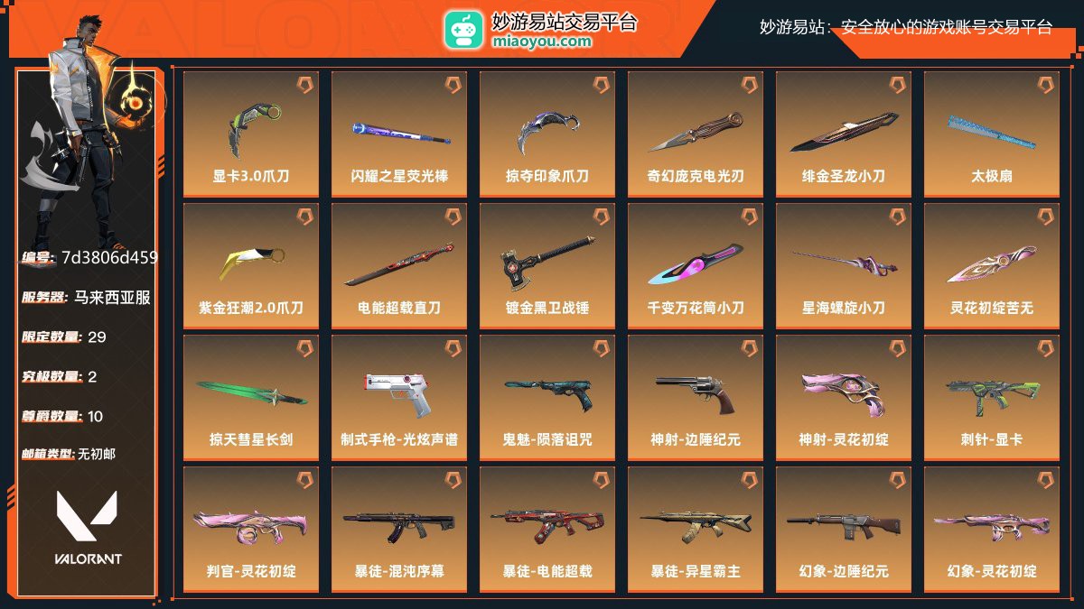 白金，刀皮数量13，枪皮数量28（限定29,究极2,尊爵10）,库存价值：91575；近战武器-显卡3.0爪刀，近战武器-闪耀之星荧光棒，近战武器-掠夺印象爪刀，近战武器-奇幻庞克电光刃，近战武器-绯金圣龙小刀，近战武器-太极扇，近战武器-紫金狂潮2.0爪刀，近战武器-电能超载直刀，近战武器-镀金黑卫战锤，近战武器-千变万花筒小刀，近战武器-星海螺旋小刀，近战武器-灵花初绽苦无，近战武器-掠天彗星长剑，制式手枪-光炫声谱，鬼魅-陨落诅咒，神射-边陲纪元，神射-灵花初绽，刺针-显卡，判官-灵花初绽